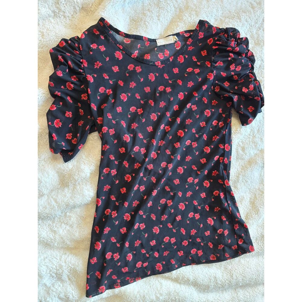 Ember Rose Black Floral Mesh Top Ruffle Short Sleeve Poppy Print Size M